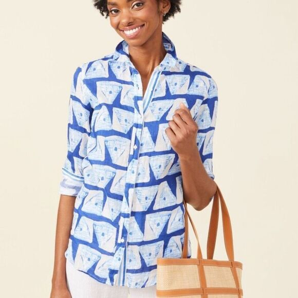 J. McLaughlin Lois Linen Small Blouse Blue White - Picture 2 of 13